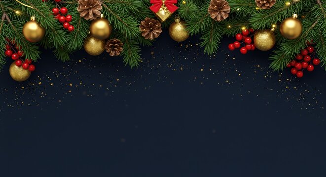Elegant Christmas frame with gold ornaments pine cones and red berries on dark background for festive holiday season designs