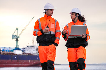 Two engineers wearing high-visibility safety gear and hard hats review plans on a laptop at a...
