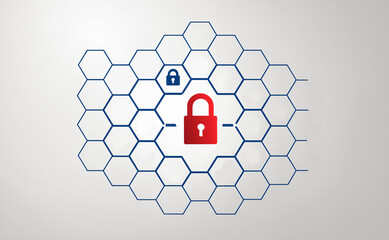 a cybersecurity concept with a red padlock highlighting a vulnerability or breach in a secure blue hexagonal network structure representing a system threat.