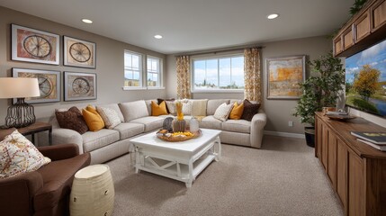 Fototapeta premium A cozy living room with a comfortable sectional sofa and accent pieces.
