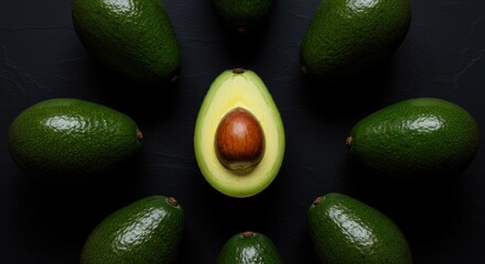 Moody avocado flat lay on black background showcasing fresh healthy ingredients for food and wellness content