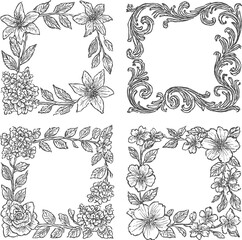 Floral frame and decorative element set with vintage ornamental patterns