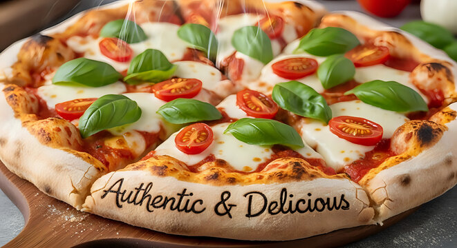 Authentic and delicious pizza with fresh basil and ripe tomatoes brings an Italian taste to your kitchen perfect for cookbooks and restaurant menus