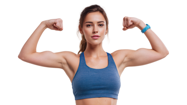 Strong woman flexing muscles, showcasing fitness and strength.
