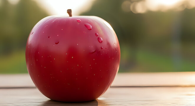 Juicy red apple glistening with fresh droplets, a symbol of healthy eating and a vibrant lifestyle, perfect for wellness campaigns and dietary guides