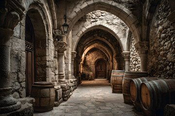 Fototapeta premium deep cellar, wine, wine barrels, France, cellar, grapes, wine barrel, red wine, aesthetics, vineyards, architecture, arch, corridor, interior, arches, church, column, tunnel, building, stone, old, arc