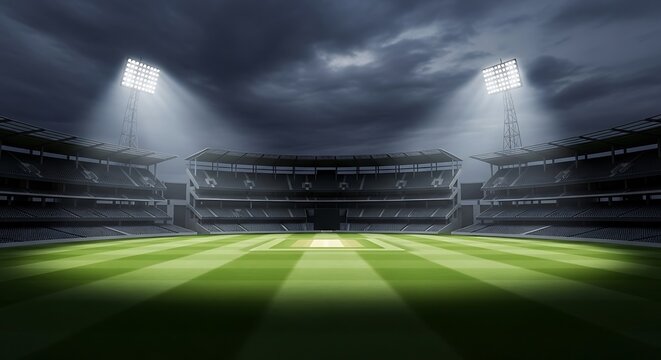Floodlit Cricket Stadium at Night Under Dark Clouds