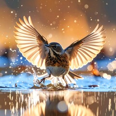 Obraz premium A bird with wings outstretched splashes into water at sunset, creating a vibrant, glistening scene