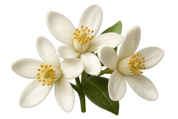 Obraz premium Three orange blossoms with petals, stamens and green leaves isolated on transparent background, ideal for advertising or web design