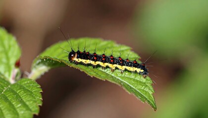 Fototapeta premium Vibrant Caterpillar with Black, Yellow, and Red Markings Crawling on a Green Leaf.
