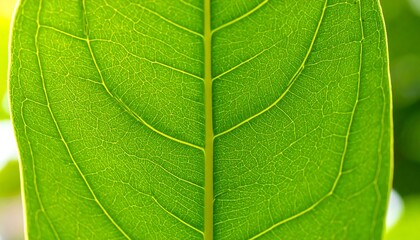 Close-up view of a vibrant green leaf, showcasing intricate vein patterns.