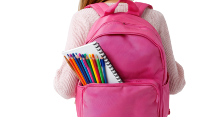 A girl carrying a pink backpack filled with colorful pencils and a notebook.