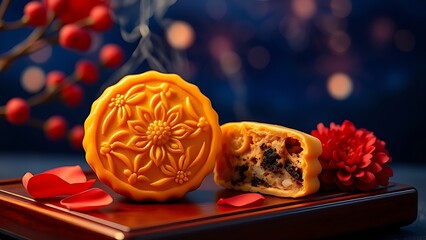 Delicate mooncake with floral imprint on lacquered tray, steam rising beside chrysanthemum petals in twilight.