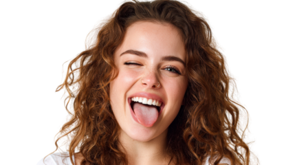 A joyful young woman sticking her tongue out in a playful manner against a white background.