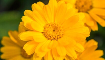 Obraz premium Close-up view of vibrant, bright yellow flowers, showcasing detailed petals and a central cluster of small yellow seeds.