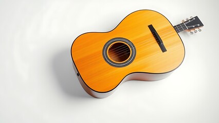 An acoustic guitar rests on a white surface, captured from a 45-degree overhead angle.
