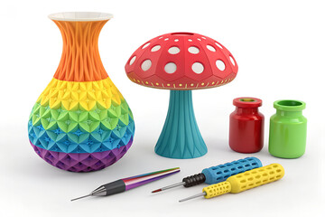 Multi-colored objects created on a 3D printer, including a vase, mushroom, and tools