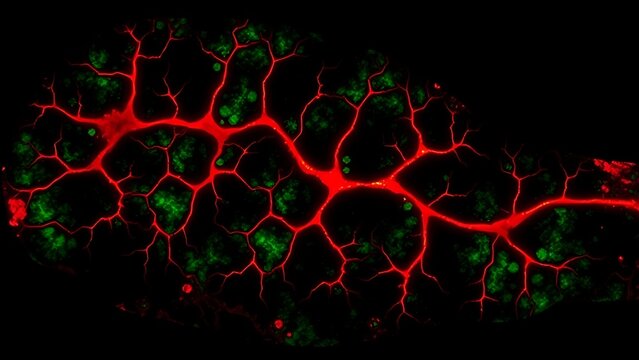 Glowing red vascular patterns preserved in fossilized bone under ultraviolet light, revealing intricate biological history.