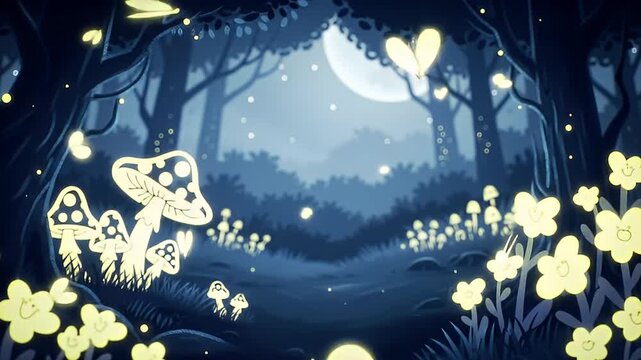 Enchanted night cartoon forest with glowing mushrooms, flowers, fireflies and full moon creating magical fantasy nature landscape animation