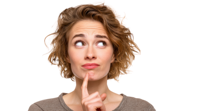 A thoughtful young woman with curly hair, looking up while pondering a decision, showcasing a moment of contemplation.