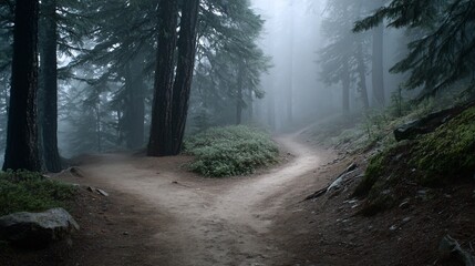 Obraz premium A fork in a path through a misty forest, two paths divide in front of tall trees