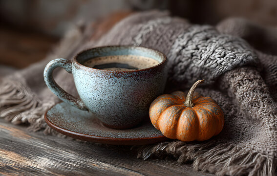 thanksgiving day decoration for holiday celebration, coffee cup and pumpkin on old woodeb table background