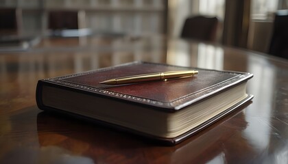 Leather Notebook with Gold Pen on Dark Wooden Desk
