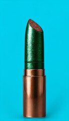 Close Up Of Green Glitter Lipstick In Rose Gold Tube Against Cyan Background