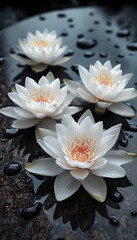White Water Lotus Flowers with Water Droplets on Dark Background
