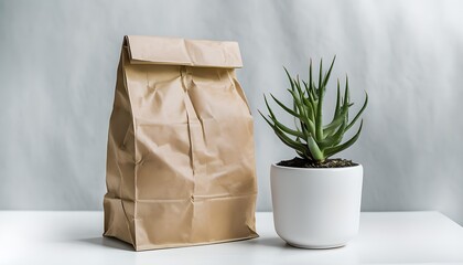 Brown Paper Bag and Potted Aloe Vera Plant on a White Surface