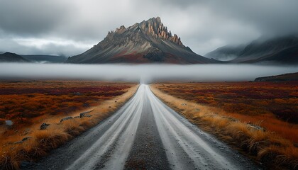 Empty Dirt Road Leading to Foggy Majestic Mountain in Autumn