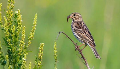 Fototapeta premium A sparrow, perched on a branch, holds a small insect in its beak, amidst a field of vibrant greenery.