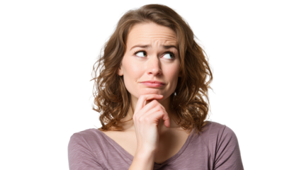 A woman deep in thought, expressing curiosity and contemplation against a white isolate background.