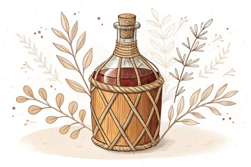 Vintage corked glass bottle wrapped in straw isolated on white background