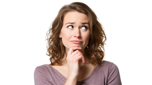 A woman deep in thought, expressing curiosity and contemplation against a white isolate background.