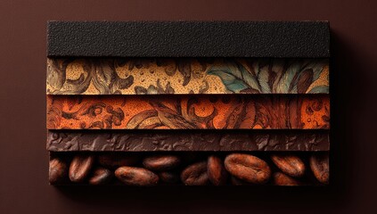 A horizontally layered rectangular confection, showcasing distinct cocoa-bean-colored sections, interspersed with patterned paper-like layers, culminating in a base of raw cocoa beans against