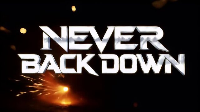Motivational phrase "Never Back Down" with glowing sparks and bokeh on a black background, perfect for inspiring determination and resilience.