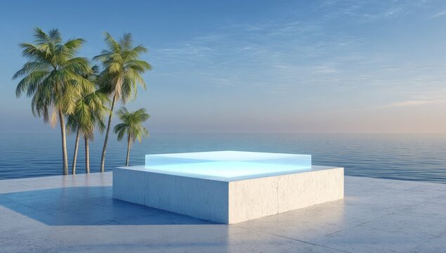 A minimalist scene a glowing glass cube atop a white platform, overlooking a tranquil ocean and several palm trees under a serene, pastel sky - Powered by Adobe
