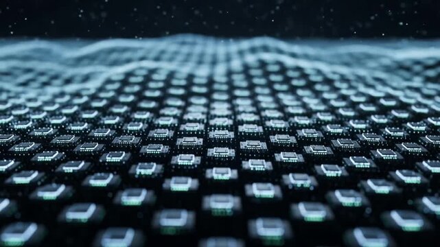 Abstract digital circuit board animation showing technology data processing on a dark background - Powered by Adobe