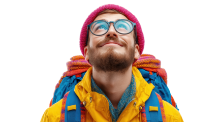 Adventurous traveler with colorful gear, looking up, isolated on white background.