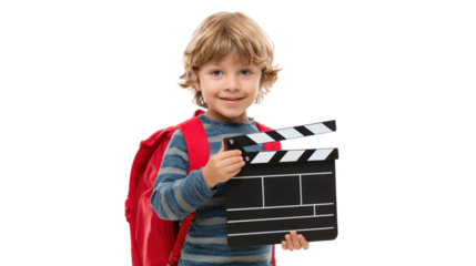 Cheerful boy with a clapperboard, ready for a fun film project, isolated on white background.