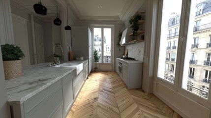 A light-gray kitchen with a herringbone wood floor and city views.