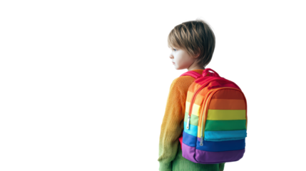 Child with a rainbow backpack looking away, bright colorful outfit, white isolated background.