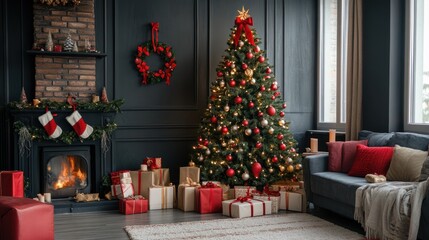 A festively decorated living room with a Christmas tree and fireplace