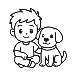 Black and white vector drawing of a cheerful boy sitting with his friendly dog, emphasized using bold black outlines for clean modern appearance.