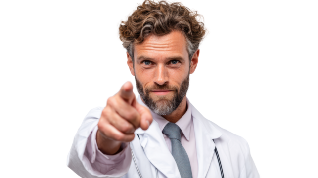 Confident male doctor pointing at the camera with an assertive expression, isolated on white background.