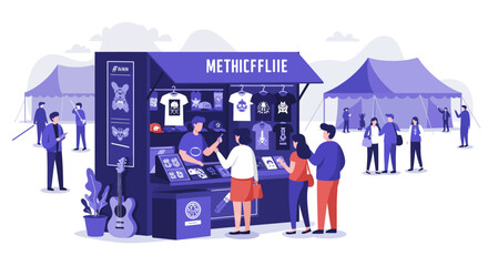 A colorful flat design illustration showcasing a lively festival merchandise booth, where attendees are browsing and purchasing stylized band apparel and memorabilia.