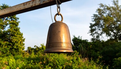 Fototapeta premium A vintage bronze bell hangs from a rusty metal frame, set against a lush backdrop of vibrant greenery and a partly cloudy sky.