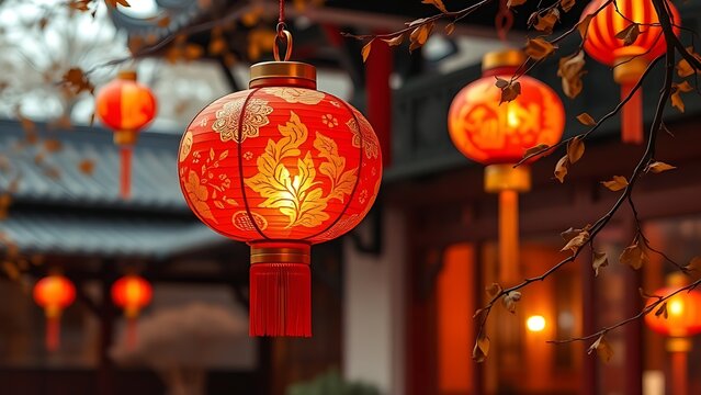 Vibrant red lantern with gold patterns glowing in a traditional courtyard, celebrating China National Day.