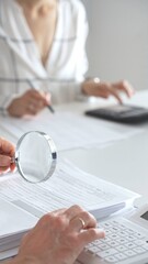 Two accountants are working together, using a magnifying glass and a calculator, to audit financial...